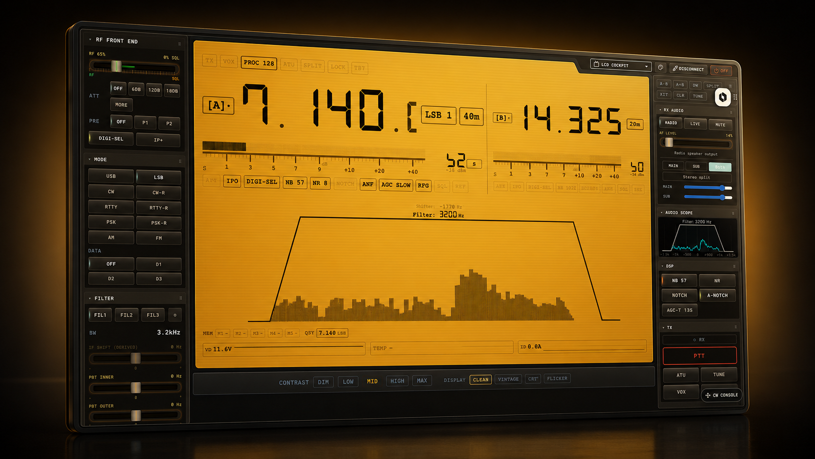 RigPlane in amber-LCD phosphor theme — monochrome amber on near-black, retro instrument panel aesthetic